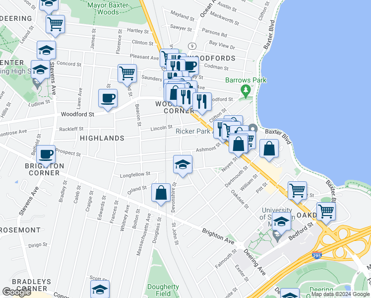 map of restaurants, bars, coffee shops, grocery stores, and more near 73 Ashmont Street in Portland