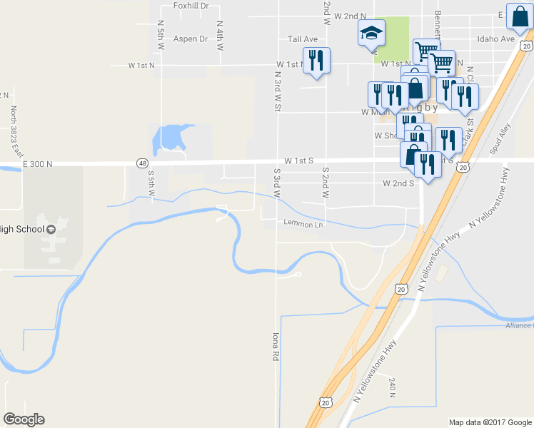 map of restaurants, bars, coffee shops, grocery stores, and more near 368 South 3rd West in Rigby