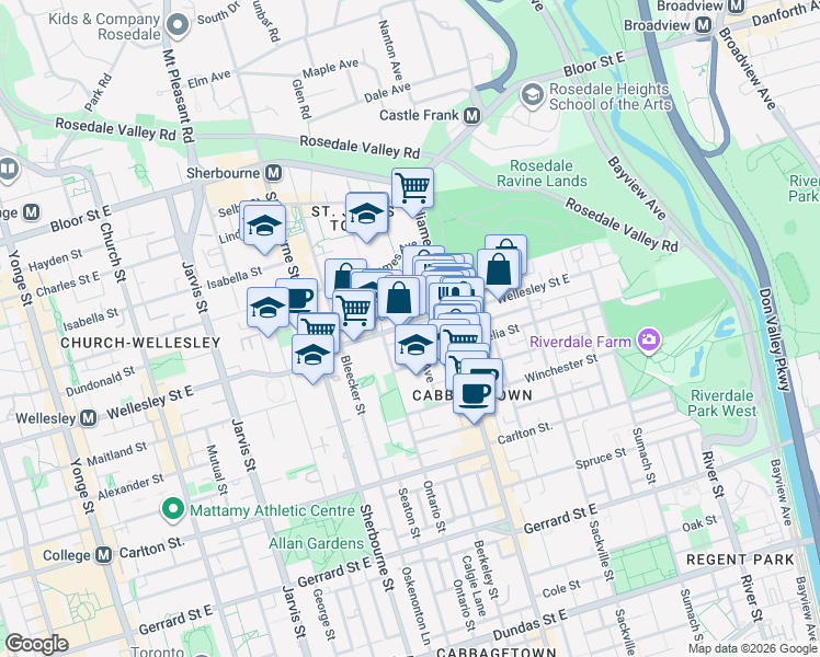 map of restaurants, bars, coffee shops, grocery stores, and more near 263 Wellesley Street East in Toronto