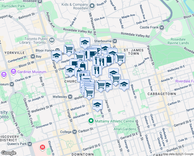 map of restaurants, bars, coffee shops, grocery stores, and more near 514 Jarvis Street in Toronto