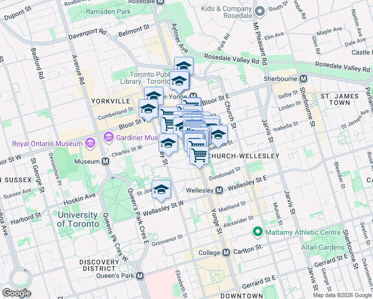 map of restaurants, bars, coffee shops, grocery stores, and more near 75 Saint Nicholas Street in Toronto