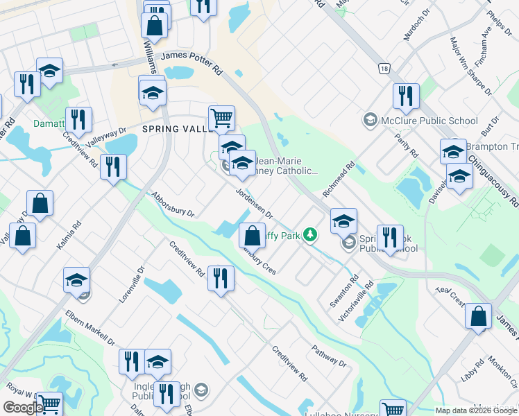 map of restaurants, bars, coffee shops, grocery stores, and more near Jordensen Drive in Brampton