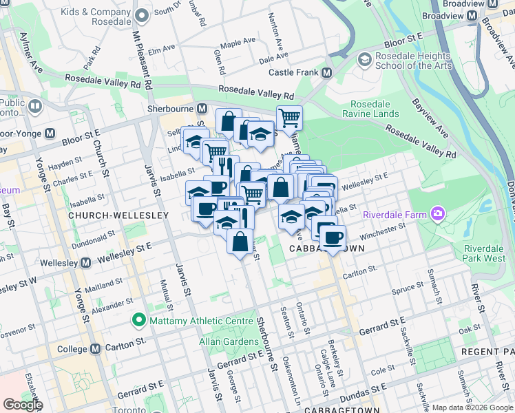 map of restaurants, bars, coffee shops, grocery stores, and more near 214 Wellesley Street East in Toronto