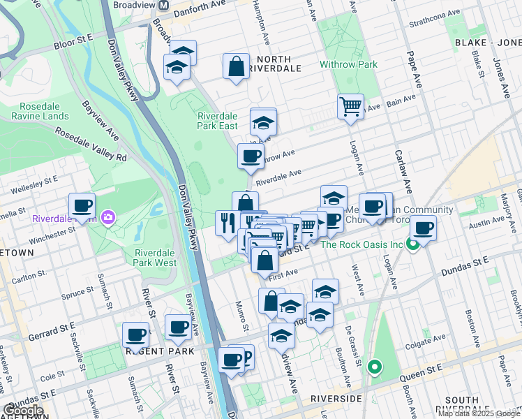map of restaurants, bars, coffee shops, grocery stores, and more near 13 Langley Avenue in Toronto