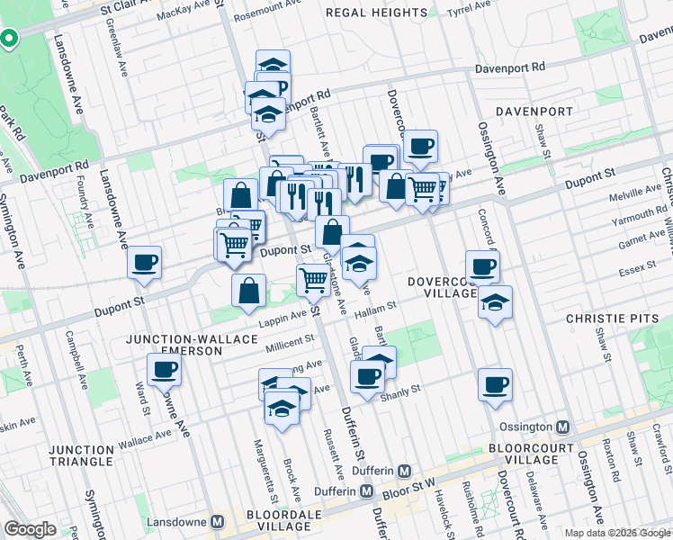 map of restaurants, bars, coffee shops, grocery stores, and more near 825 Gladstone Avenue in Toronto
