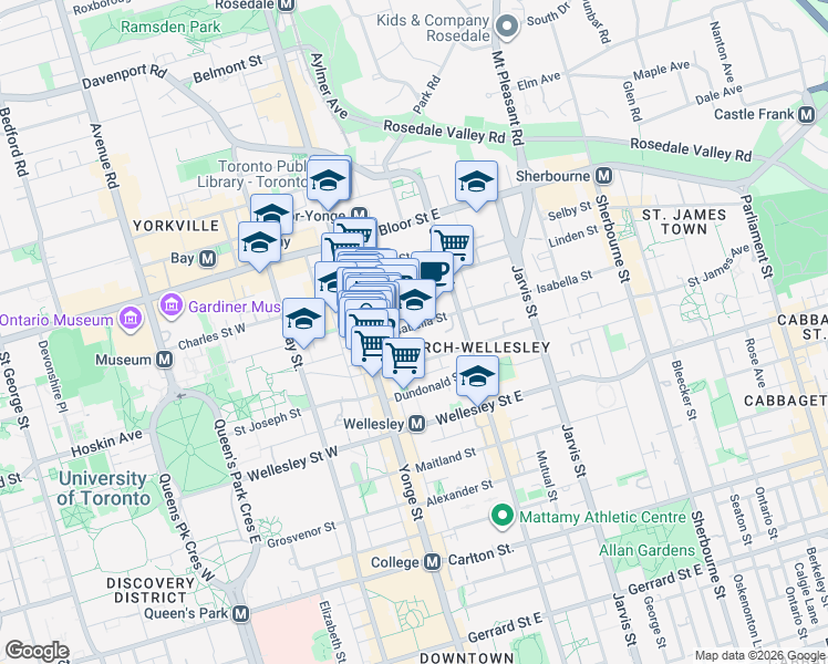 map of restaurants, bars, coffee shops, grocery stores, and more near 33 Isabella Street in Toronto