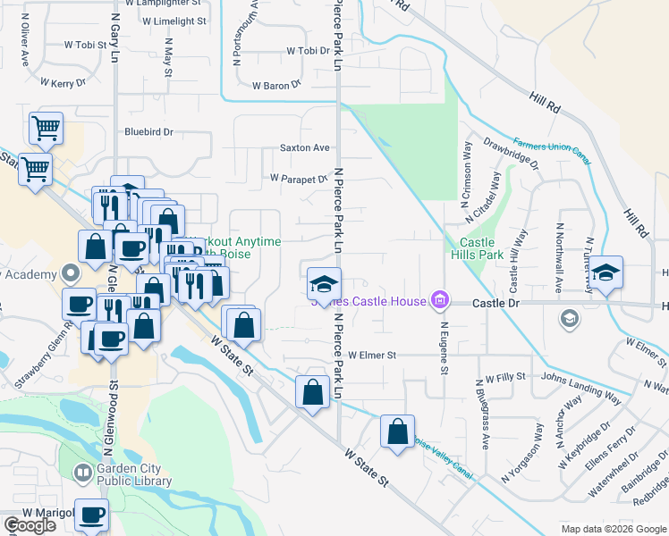map of restaurants, bars, coffee shops, grocery stores, and more near 5153 North Pierce Park Lane in Boise