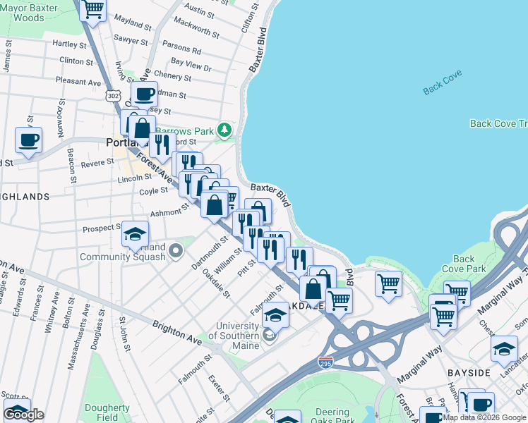 map of restaurants, bars, coffee shops, grocery stores, and more near 100 Forest Park in Portland