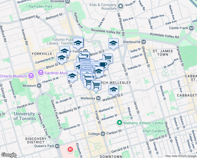 map of restaurants, bars, coffee shops, grocery stores, and more near 33 Isabella Street in Toronto