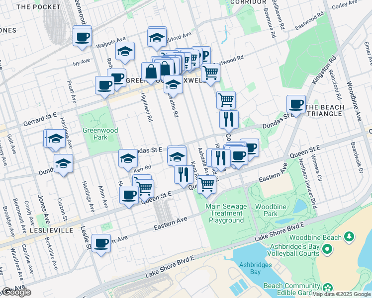 map of restaurants, bars, coffee shops, grocery stores, and more near 80 Kent Road in Toronto