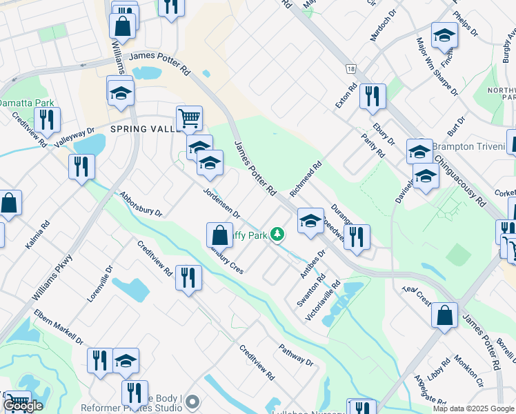 map of restaurants, bars, coffee shops, grocery stores, and more near Dawes Road in Brampton