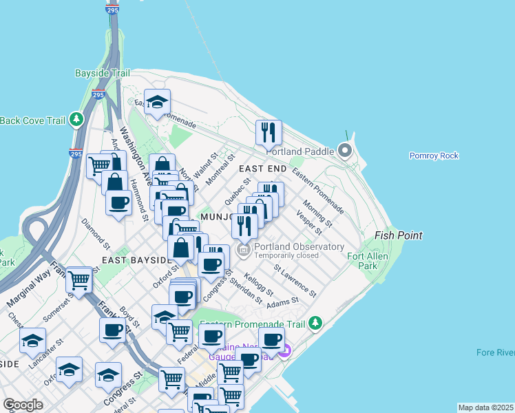 map of restaurants, bars, coffee shops, grocery stores, and more near 54 Turner Street in Portland