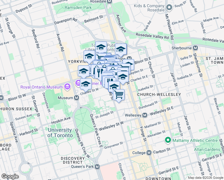 map of restaurants, bars, coffee shops, grocery stores, and more near 1101 Bay Street in Toronto