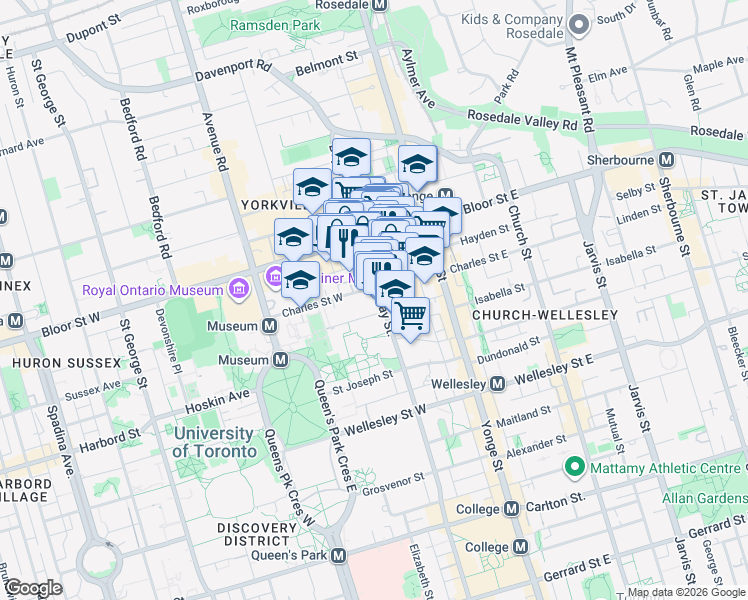 map of restaurants, bars, coffee shops, grocery stores, and more near 55 Charles Street West in Toronto