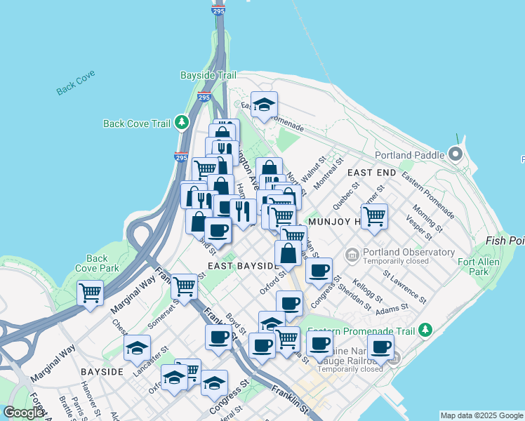 map of restaurants, bars, coffee shops, grocery stores, and more near 146 Washington Avenue in Portland