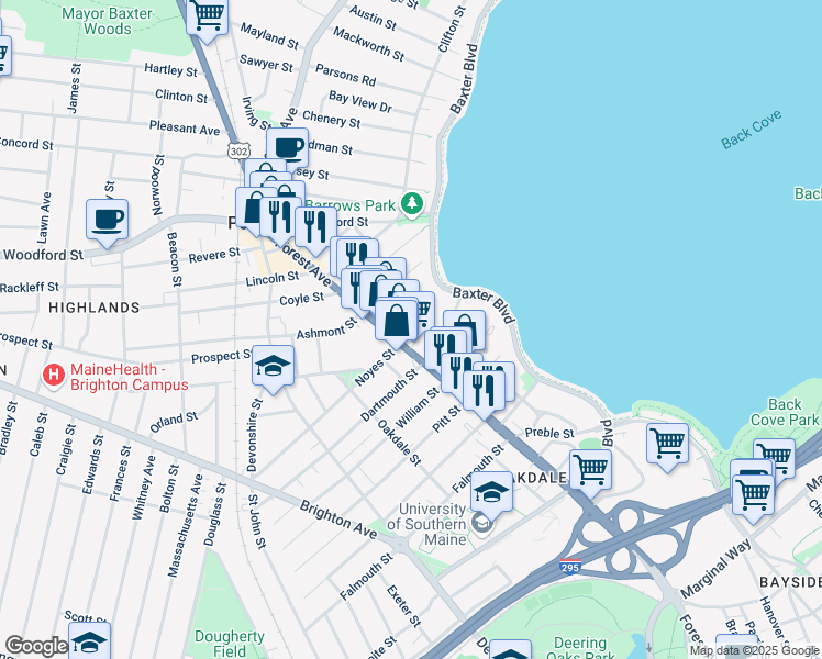 map of restaurants, bars, coffee shops, grocery stores, and more near 9 Ricker Park in Portland