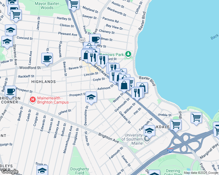 map of restaurants, bars, coffee shops, grocery stores, and more near 550 Forest Avenue in Portland