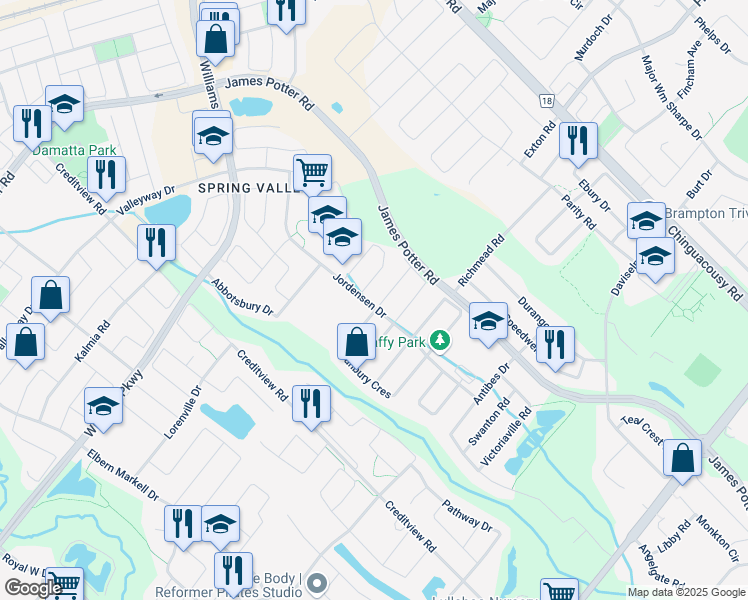 map of restaurants, bars, coffee shops, grocery stores, and more near 2 Dawes Road in Brampton