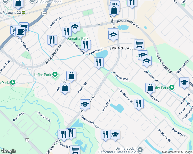 map of restaurants, bars, coffee shops, grocery stores, and more near 20 Dillon Drive in Brampton
