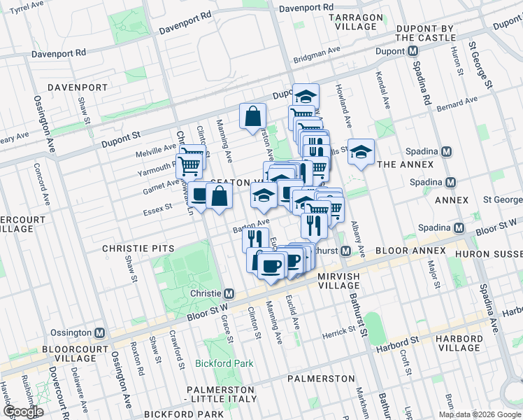 map of restaurants, bars, coffee shops, grocery stores, and more near 786 Euclid Avenue in Toronto