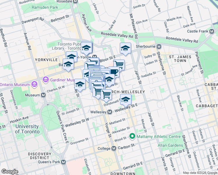 map of restaurants, bars, coffee shops, grocery stores, and more near 33 Isabella Street in Toronto