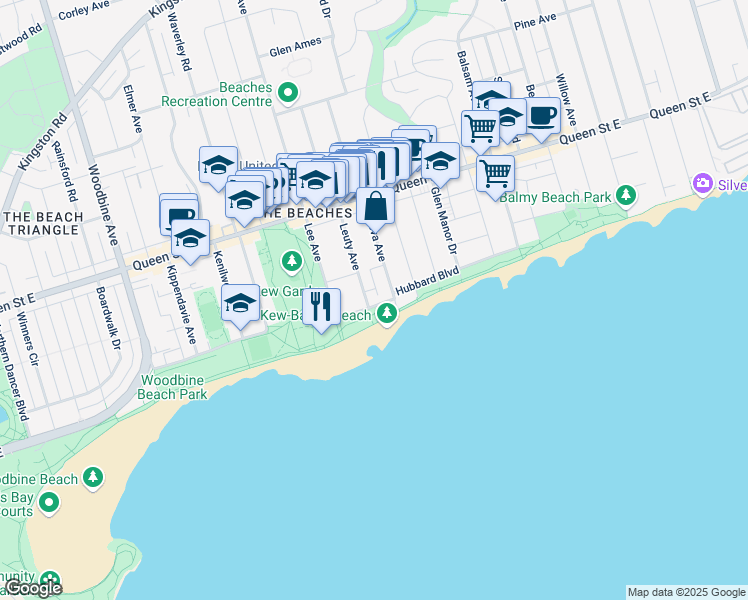 map of restaurants, bars, coffee shops, grocery stores, and more near 1 Leuty Avenue in Toronto
