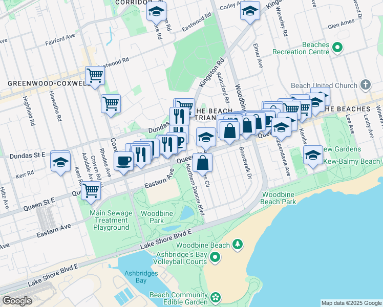 map of restaurants, bars, coffee shops, grocery stores, and more near 1764 Queen Street East in Toronto