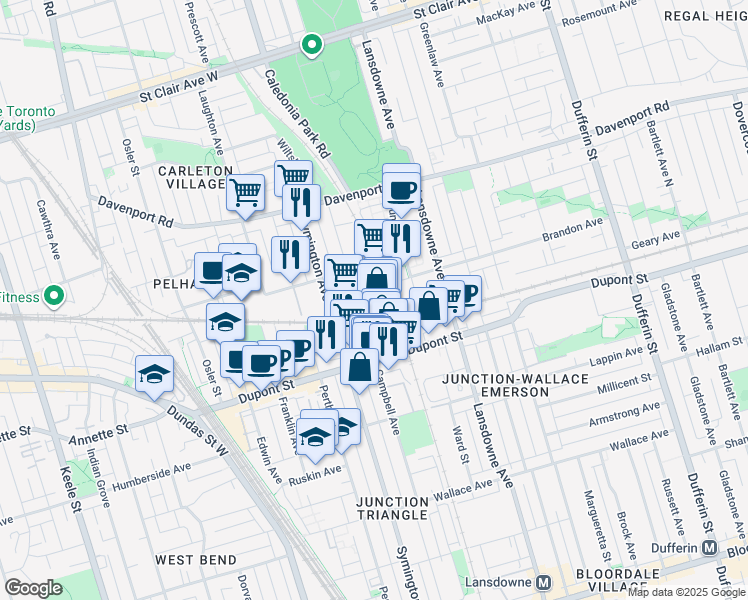 map of restaurants, bars, coffee shops, grocery stores, and more near in Toronto