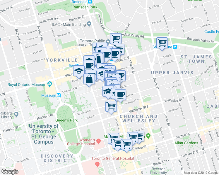map of restaurants, bars, coffee shops, grocery stores, and more near 700 Yonge Street in Toronto