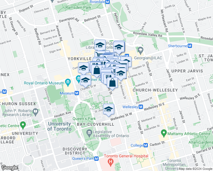 map of restaurants, bars, coffee shops, grocery stores, and more near 1110 Bay Street in Toronto