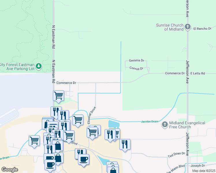 map of restaurants, bars, coffee shops, grocery stores, and more near 1011 Commerce Drive in Midland