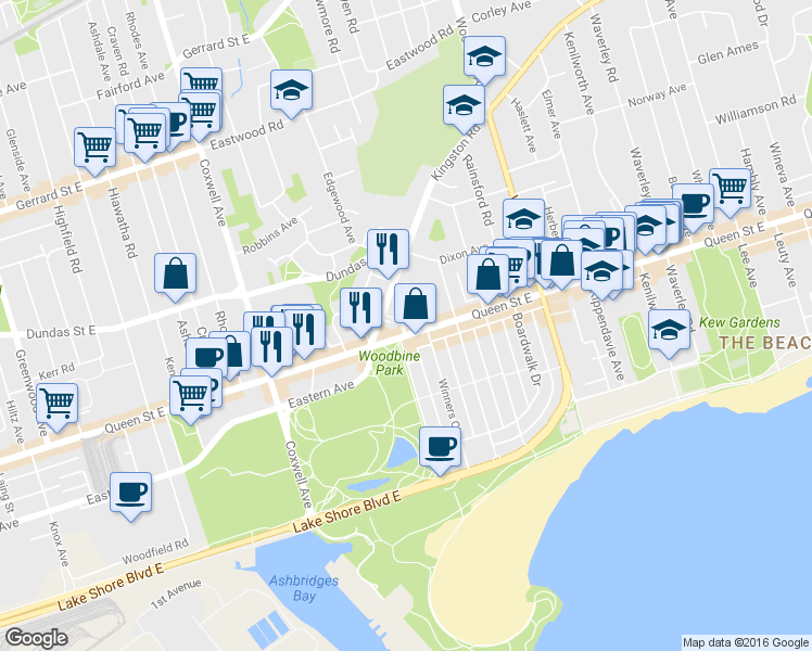 map of restaurants, bars, coffee shops, grocery stores, and more near in Toronto