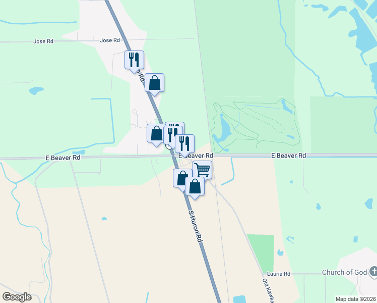 map of restaurants, bars, coffee shops, grocery stores, and more near 2505 East Beaver Road in Kawkawlin