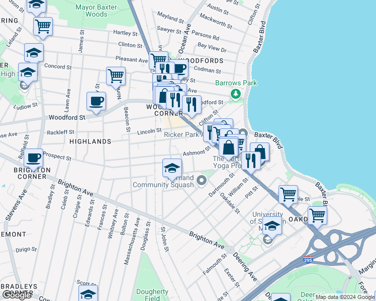 map of restaurants, bars, coffee shops, grocery stores, and more near 55 Ashmont Street in Portland