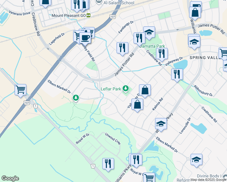 map of restaurants, bars, coffee shops, grocery stores, and more near 9 Dunley Crescent in Brampton