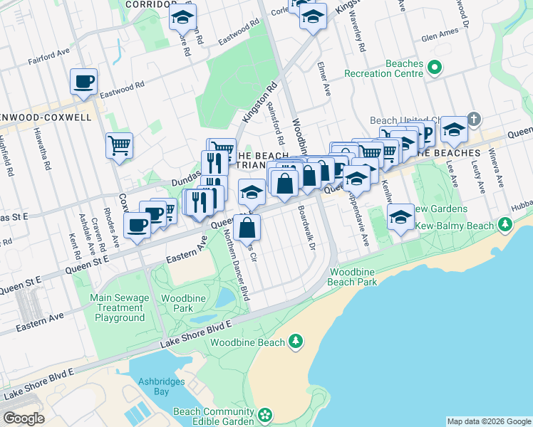 map of restaurants, bars, coffee shops, grocery stores, and more near 1783 Queen Street East in Toronto