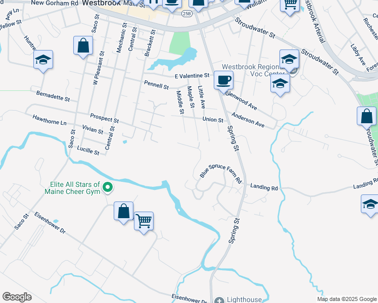 map of restaurants, bars, coffee shops, grocery stores, and more near 30 Autumn Woods Drive in Westbrook