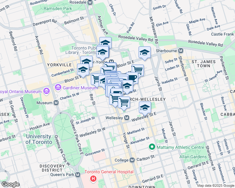 map of restaurants, bars, coffee shops, grocery stores, and more near 30 Isabella Street in Toronto