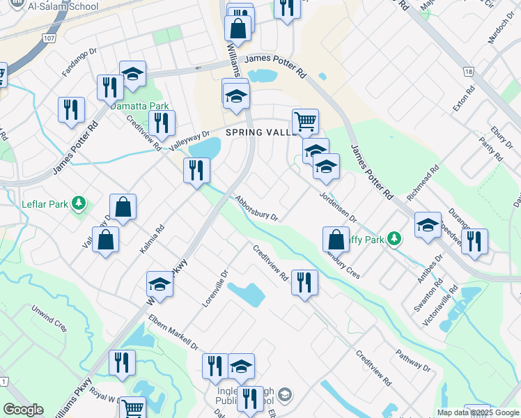 map of restaurants, bars, coffee shops, grocery stores, and more near 25 Abbotsbury Drive in Brampton