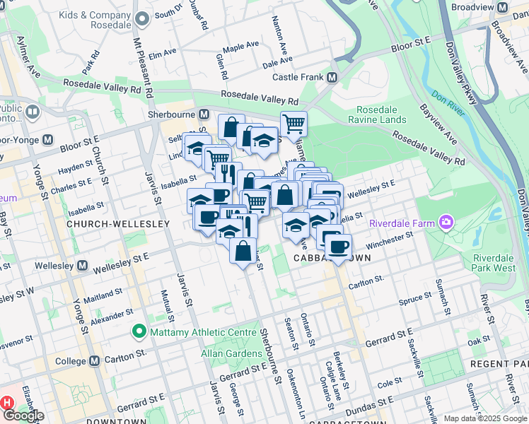 map of restaurants, bars, coffee shops, grocery stores, and more near 222 Wellesley Street East in Toronto