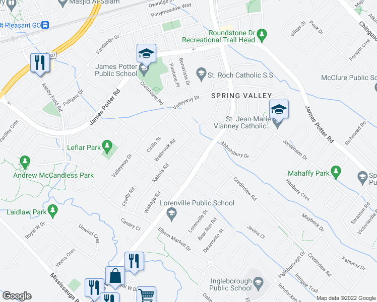 map of restaurants, bars, coffee shops, grocery stores, and more near 20 Dillon Drive in Brampton