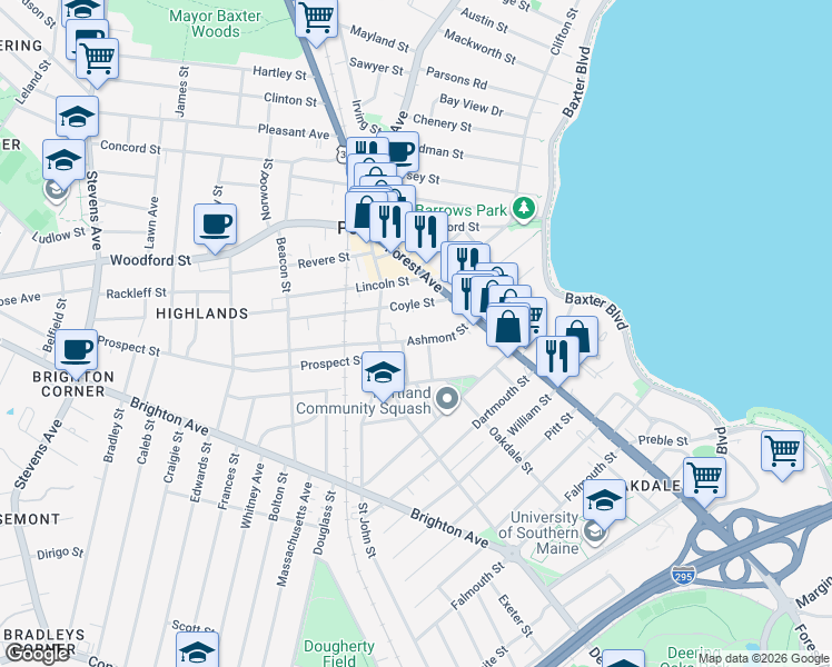 map of restaurants, bars, coffee shops, grocery stores, and more near 41 Ashmont Street in Portland