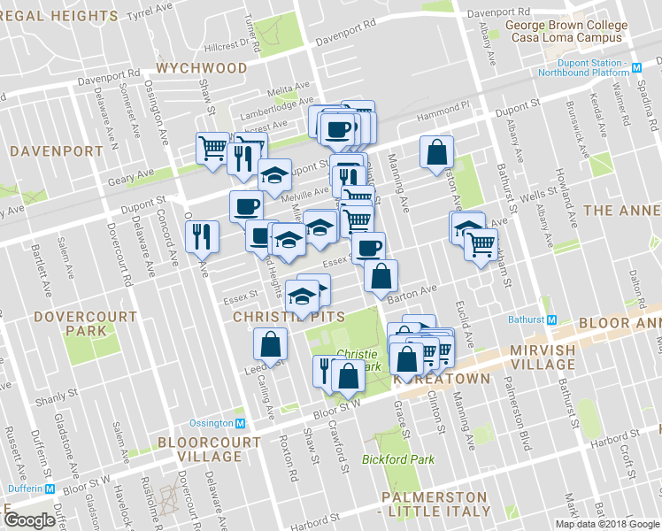 map of restaurants, bars, coffee shops, grocery stores, and more near 41 Essex Street in Toronto