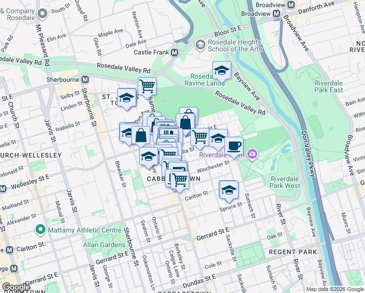 map of restaurants, bars, coffee shops, grocery stores, and more near 34 Amelia Street in Toronto
