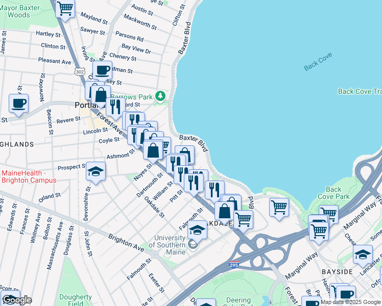 map of restaurants, bars, coffee shops, grocery stores, and more near 18 Dartmouth Street in Portland