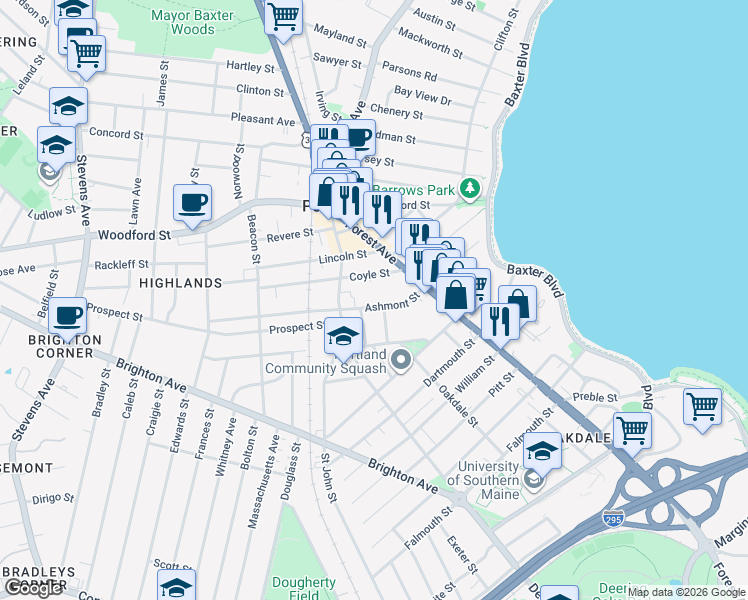 map of restaurants, bars, coffee shops, grocery stores, and more near 41 Ashmont Street in Portland