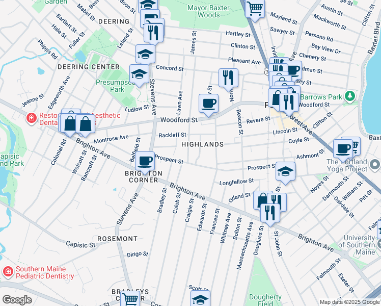 map of restaurants, bars, coffee shops, grocery stores, and more near 30 Seeley Avenue in Portland