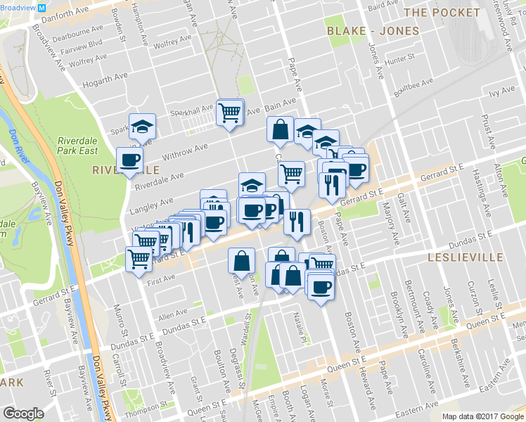 map of restaurants, bars, coffee shops, grocery stores, and more near 515 Logan Avenue in Toronto
