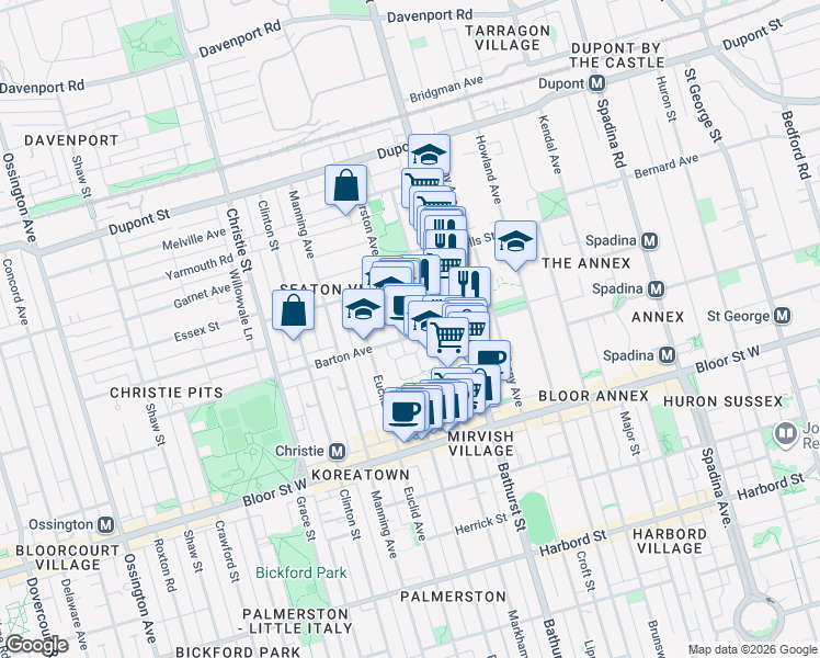 map of restaurants, bars, coffee shops, grocery stores, and more near 747 Palmerston Avenue in Toronto