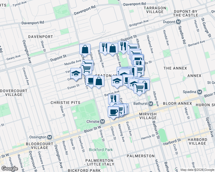 map of restaurants, bars, coffee shops, grocery stores, and more near 788 Manning Avenue in Toronto